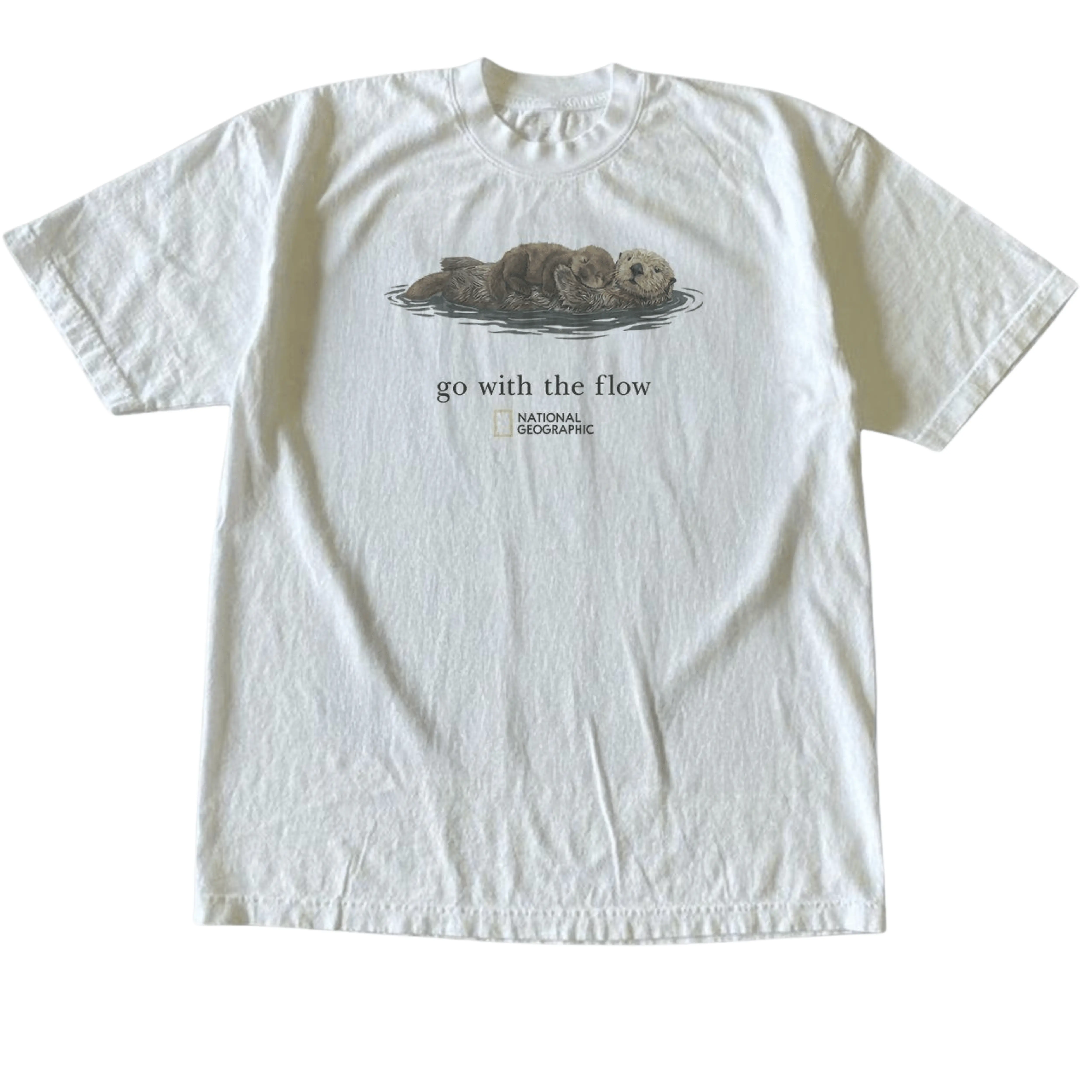 Gildan Men's and Women's T-Shirt, Vintage Style Otter “Go With The Flow” Graphic Tee, Unisex Casual Top, Sea Otter Cute Animal Nature Lover Shirt, Retro Wildlife Chill Apparel, Matching Couples Outfits, Unique Birthday Present, Premium Cotton Menswear