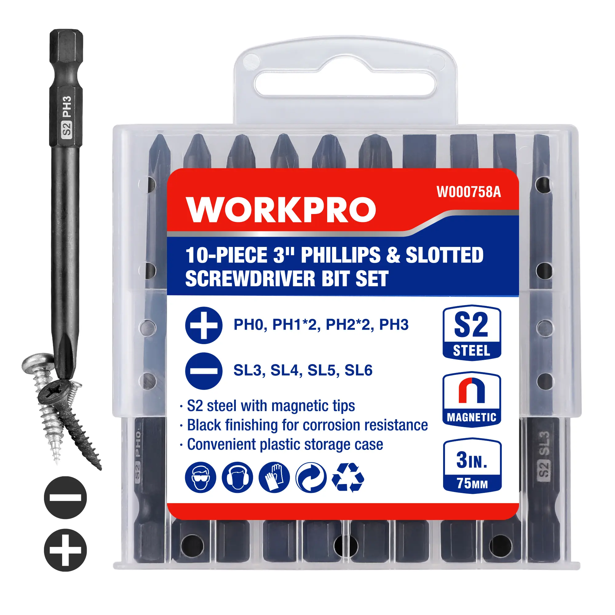 #summersale WORKPRO 10packs Screwdriver Bit Set, S2 Steel Magnetic Screwdriver Bits Set, CNC Machined Tips, 1/4 Inch Hex Shank Driver Bits, 3 Inch Long Screwdriver Bits Set with Storage Box