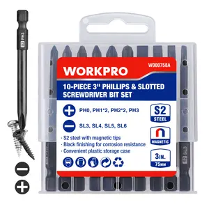 WORKPRO 10packs Screwdriver Bit Set, S2 Steel Magnetic Screwdriver Bits Set, CNC Machined Tips, 1/4 Inch Hex Shank Driver Bits, 3 Inch Long Screwdriver Bits Set with Storage Box