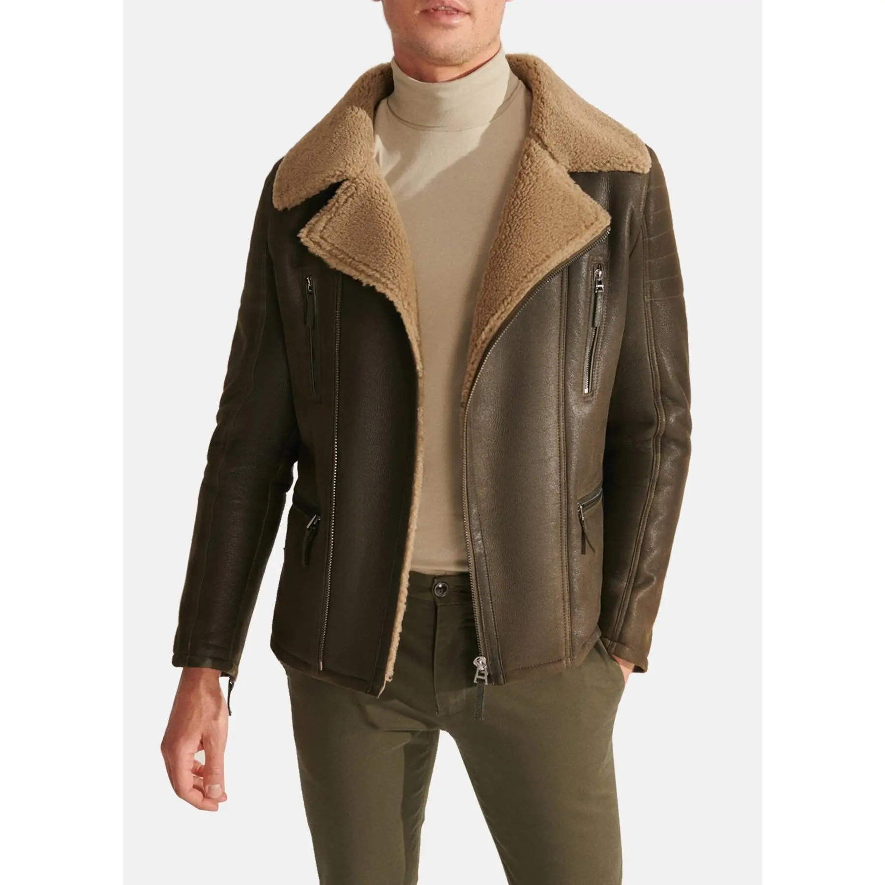 Mens Casual Moss Green Shearling Leather Jacket
