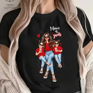 Cotton Short Sleeve T-Shirt Mom of Girls Cartoon Printed T-Shirt, Y2K Style, Short Sleeve, Crew Neck, Polyester, Mother'S Day Gift