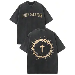 Faith Is Better Than Fear. Retro Washed Cotton Printed T-Shirts For Men. Old Summer Clothes. Off-Shoulder Sleeves, Round Neck Tops, Short Sleeves.