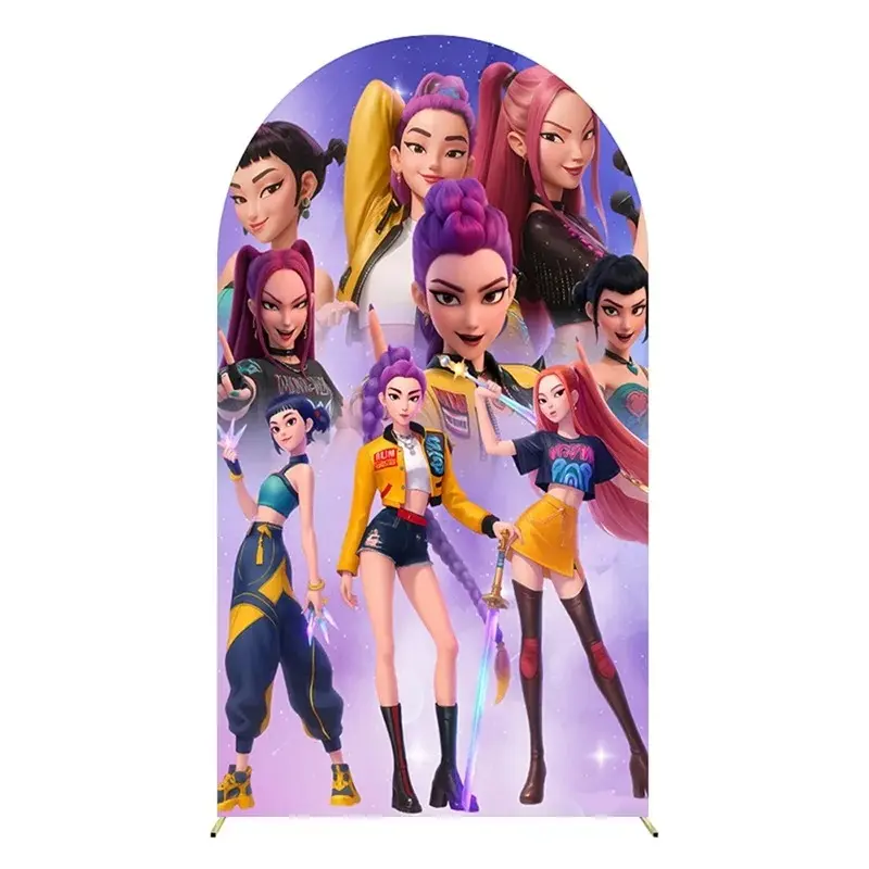Double-Sided Arched Backdrop Cover Kpop Demon Hunters Disco Dance Party Girls Birthday Decor Custom Name Background Photo Studio