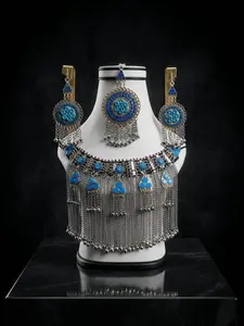 Luxury Boho Tribal Statement Jewelry Set – Blue Stone Afghan Necklace & Earrings Set for Women | Vintage Ethnic Fringe Choker | Festival, Bridal & Party Jewelry.