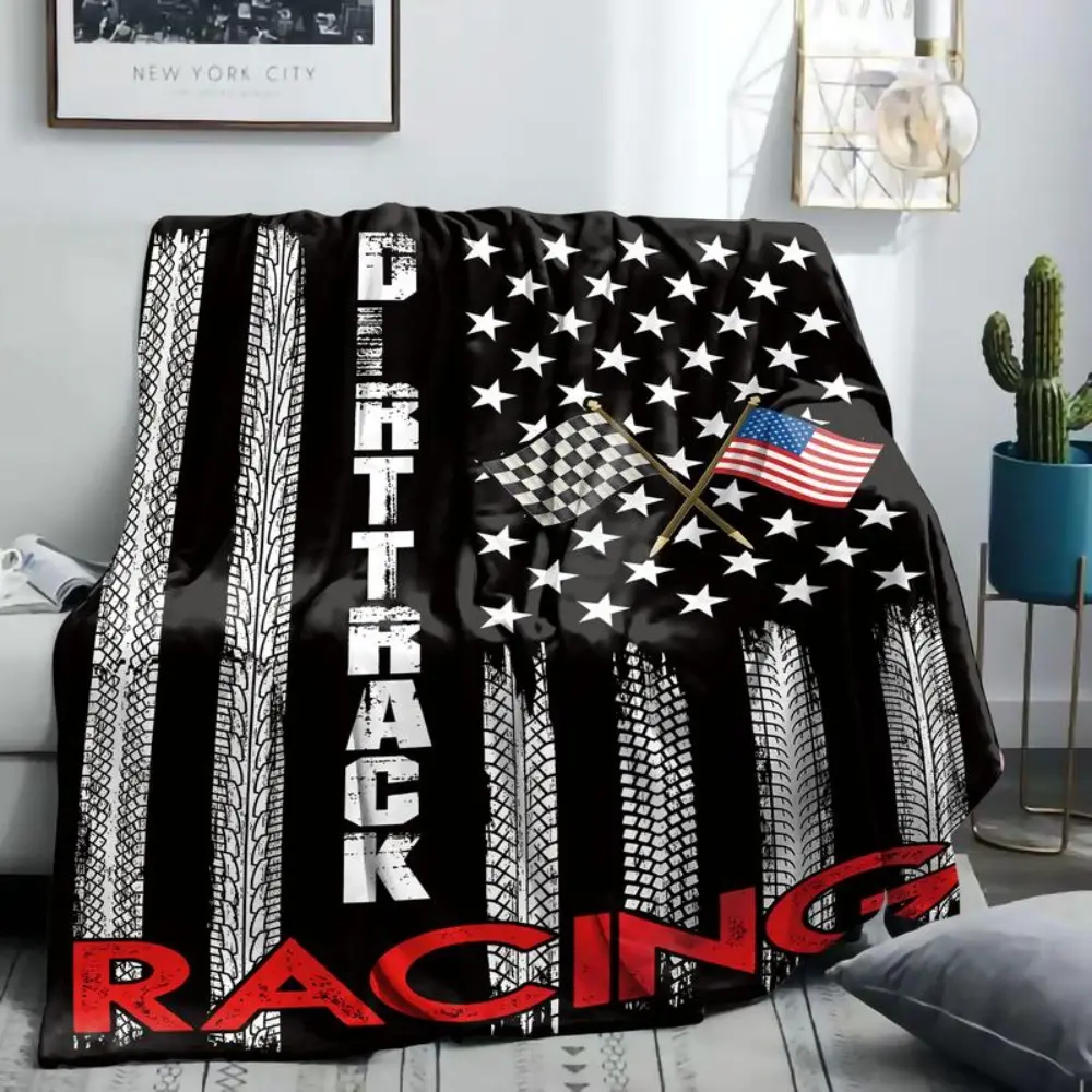 Dirt Track Racing Knitted Polyester Flannel Throw Blanket, American Flag & Checkered Flag Design, Soft Cozy for Sports Fans & Sports Enthusiasts, Sports Enthusiast