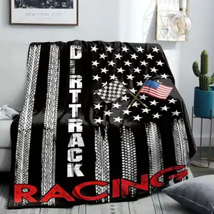 Dirt Track Racing Knitted Polyester Flannel Throw Blanket with American Flag and Checkered Flag Design for Sports Fans Soft Cozy