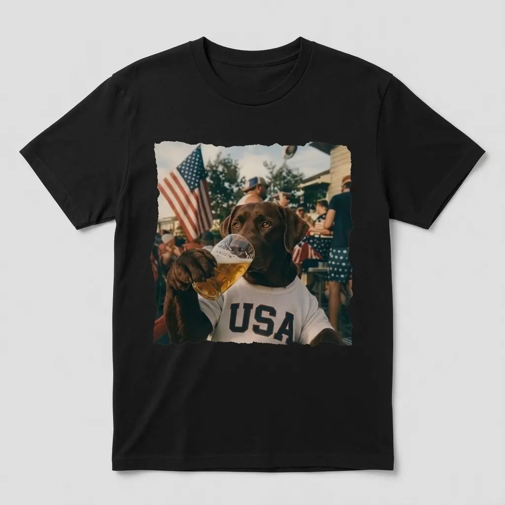 Funny Patriotic Chocolate Lab Drinking Beer Shirt, Silly USA Lab Tee, Vintage 4th of July Tee, Retro American Meme Tee, Independence Day Tee