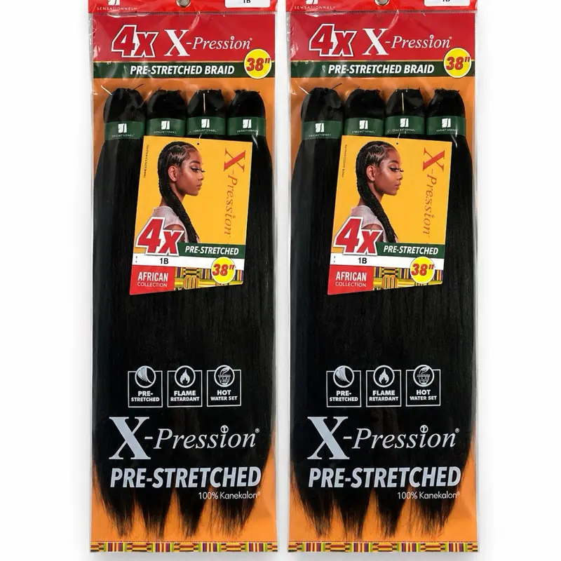 X-Pression Pre-Stretched Braid Hair, 4-Pack, 38in, 1B Color
