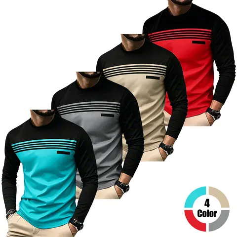 Pack of 4 men’s long-sleeve T-shirts made from breathable knit fabric. Comfortable and loose fit with a casual crew neck, regular fit and length. Ideal for outdoor sports, fashion streetwear, and as a warm pullover.