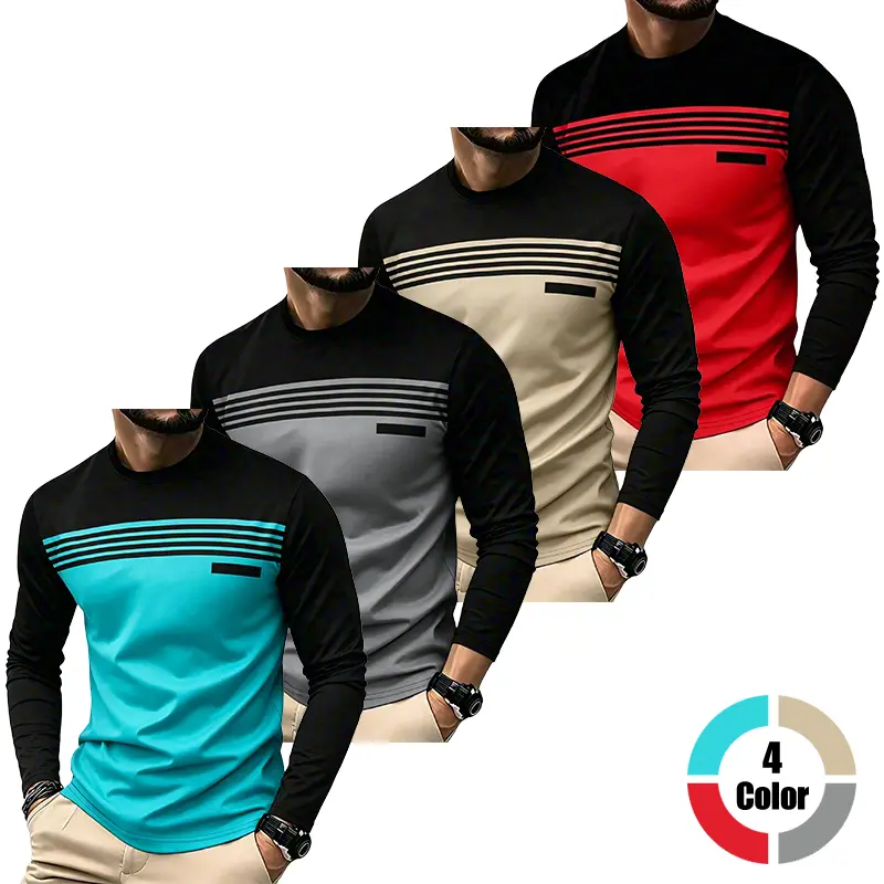 Pack of 4 men’s long-sleeve T-shirts made from breathable knit fabric. Comfortable and loose fit with a casual crew neck, regular fit and length. Ideal for outdoor sports, fashion streetwear, and as a warm pullover.