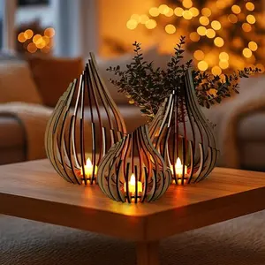 Wooden DIY Candle Holder Stand, Handmade Spiral Decorative Small House Ornament, 3 Sizes Farmhouse Rustic Tea Light Holder for Home Party Birthday