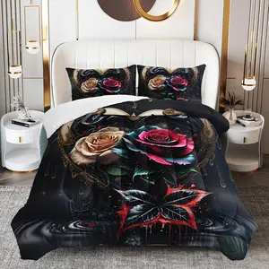 3pcs Rose Floral Comforter Set, Romantic Rose Duvet Set for Girls and Adults Bedroom or Guest Room Decor, Lightweight Soft All Seasons Comforter Machine Washable Microfiber Quilt with 2 Pillowcases , Gifts for the Family bed