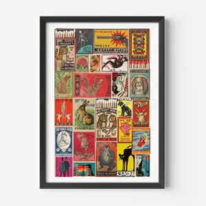 Vintage Matchbox Collage, Matchbox Compilation, Japanese Matchbox Art, Retro Wall Art, Bar Poster, Matchbox Print, Room Decor
