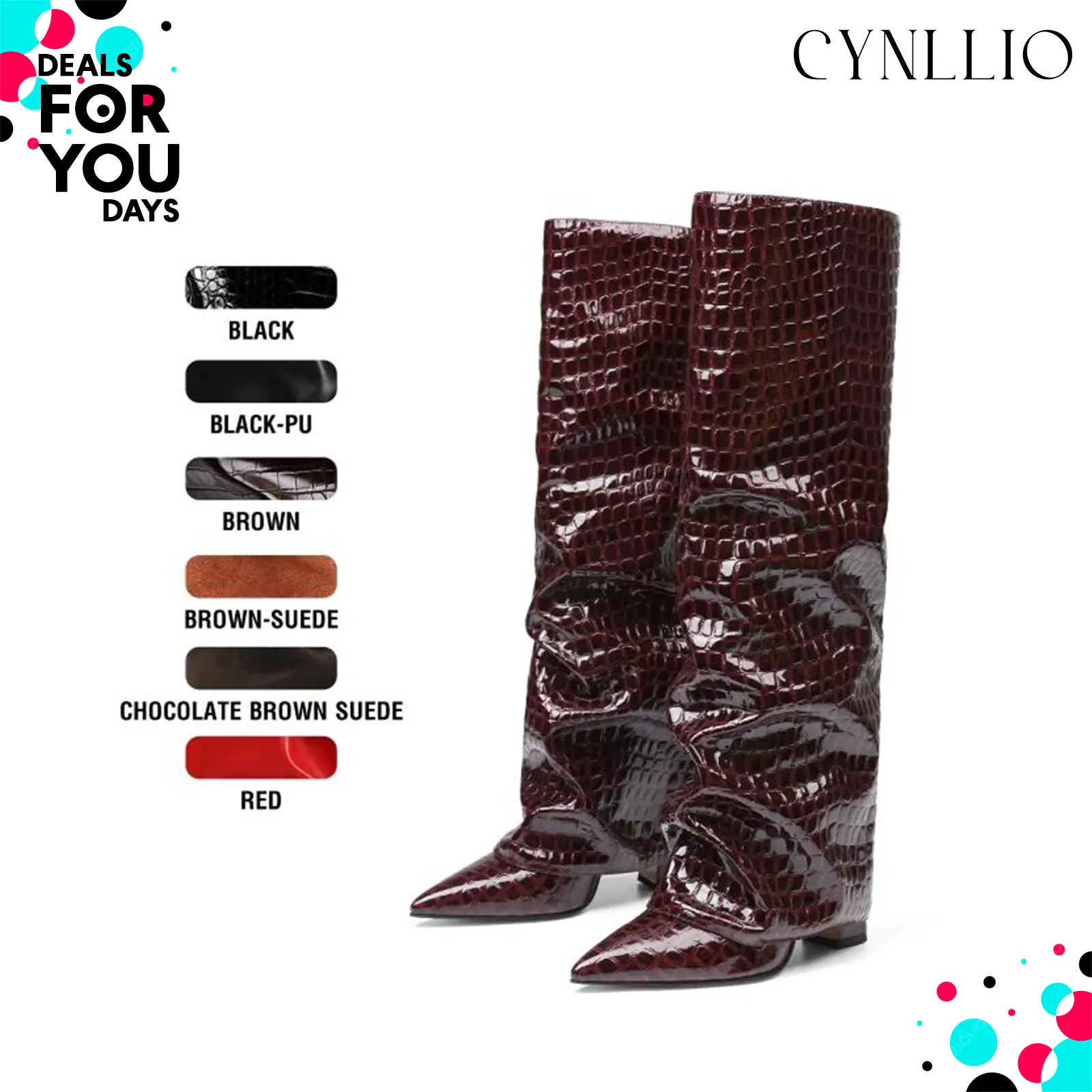 CYNLLIO Knee High Boots for Women Elegant Pointed Toe Chunky Block Heel Fold Over Slouchy Boot Pull On Trendy Fashionable Tall Shark Boot Spring Shoes for Women Deals For You Days