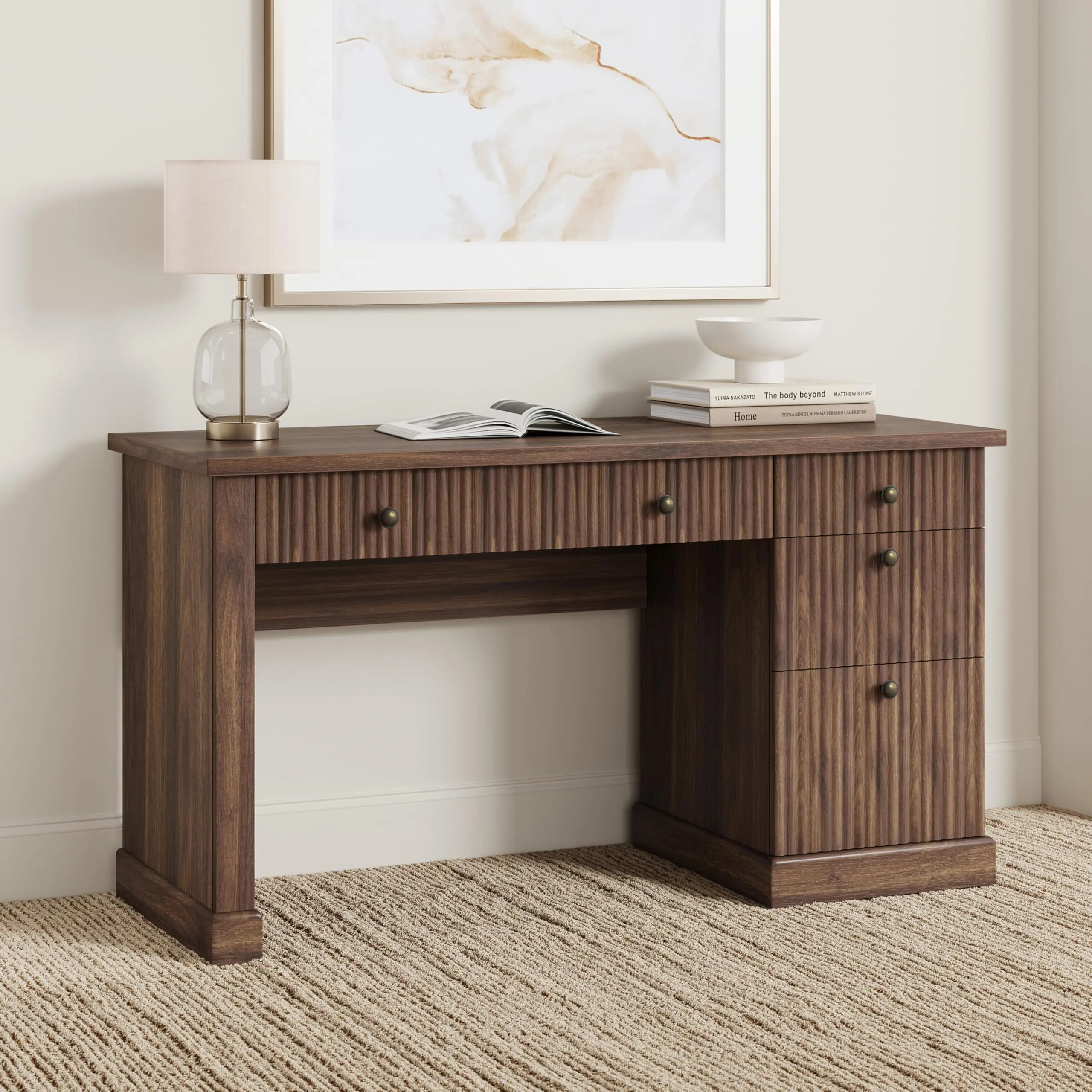 60-Inch Durable Wood Home Office Desk - Fluted Design, Charging Station, Neutral Wooden Finish, Modern Writing Desk with File Drawers, Large Executive Computer Table for Study