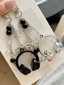 1pc/2pcs Cute Creative 3D Beaded Earphone Keychain Bag Charm, Headset Phone Strap Pendant,Music Headphone Keyring Bag Keychain Phone Chain Unisex Backpack Pendant Hanging Decoration Accessory,Ideal Gift for Friends/Besties/Family/Couple Black Silver Pink