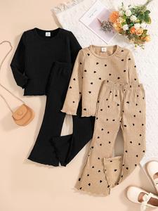 girl's heart print ＆ plain tee & pants two-piece set, casual long sleeve top & trousers 2 piece set for spring & fall, kids clothes for daily wear