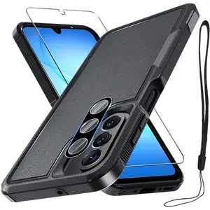 RMOCR Case for Samsung Galaxy A17 5G Phone Cover with Screen Protector+Camera Lens Cover,Military Grade Heavy Duty Shockproof PhoneCase with Wrist Lanyard Strap for Sam A17,Black Matte