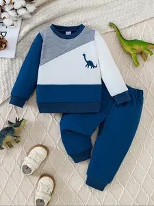 Boys' Colorblock Hoodie Set, Simple Cartoon Dinosaur Style, Fleece Warm + Elastic Waist Pants + Pockets, Suitable for Daily Home Wear, Outfit, Casual Set, Hoodies