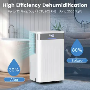 COSTWAY - 32 Pints 2000 Sq.ft Quiet Dehumidifier for Home with 3 Modes-White
