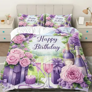 3PCS Duvet Cover Set, 1 Duvet+2 Pillowcases(Without filler), Floral Birthday Celebration Gift Wine  theme, Birthday bedding set, Comfortable Luxurious Decorative Suitable for decoration Bedroom Guest Room Hotel Living Room.