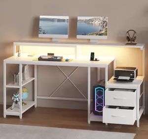 Garvee 63-inch Home Office Desk with LED Light, Power Outlets, Monitor Stand, Printer Space, Drawers, and Storage Shelves. Available in White, Black, Grey Oak, and Rustic Brown. Perfect for Study, Work, and Gaming.
