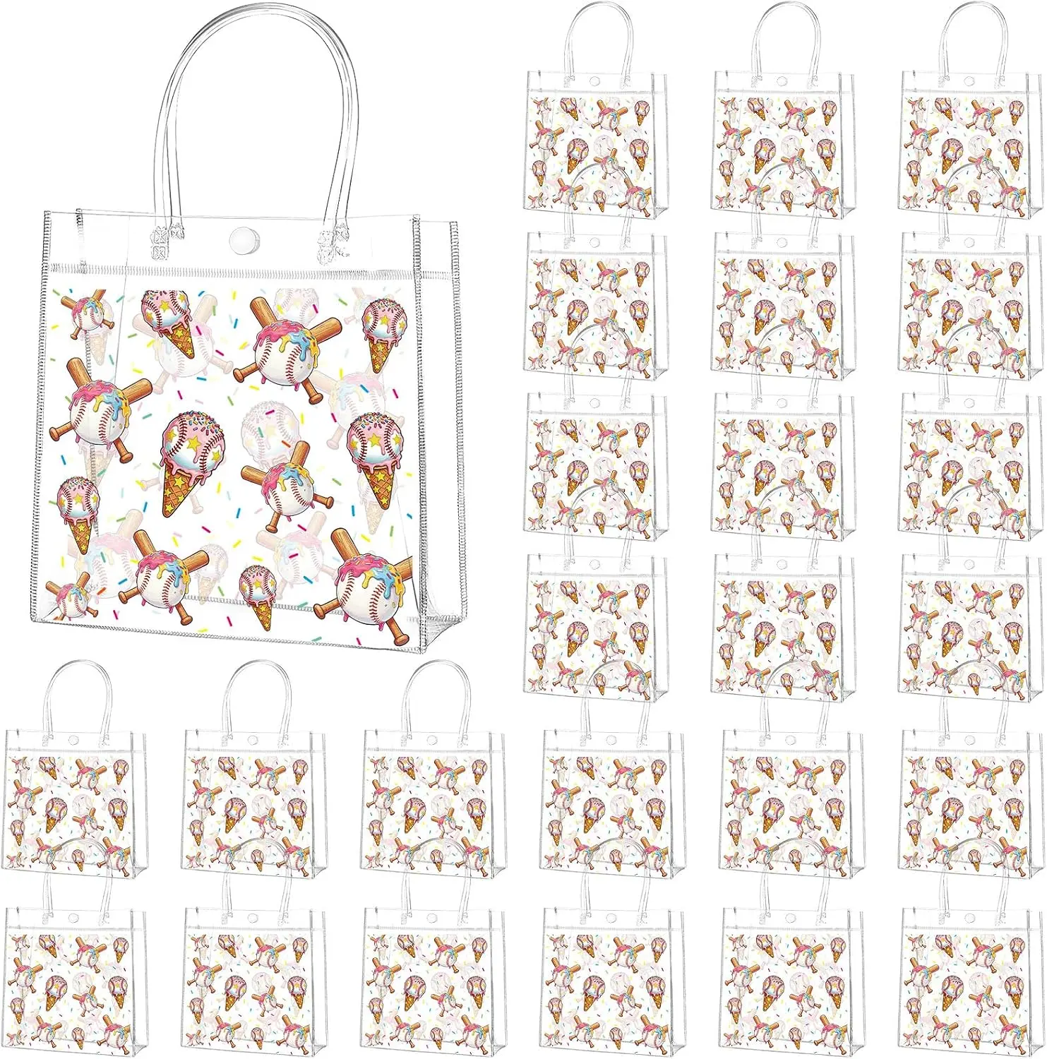 24 Pcs Baseball Ice Cream Drip Goodie Bags with Handles Reusable Clear Baseball Drip Snack Treat Bags for Birthday, Baby Shower, Sports Team Party Supplies, 8 x 8 x 3 Inches,back to school,back to school haul