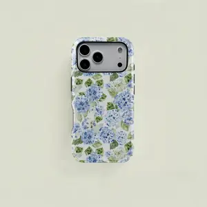Blue Hydrangea Floral Aesthetic Phone Case Girly Summer Spring Flower Style Two In One Shock Absorbing Anti Drop Durable Full Protective Cover Trendy Elegant Daily Phone Accessory for iPhone  13 14 15 16 17 Pro Max Plus