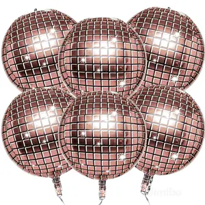 6PCS Rose Gold Disco Ball Foil Balloons 4D Metallic Spheres 70s 80s 90s Birthday Party Decor