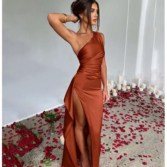 Sexy One-shoulder Backless Slit Dress Summer Elegant Slim-fit Solid Color Satin Dresses For Women Sexy One-shoulder Backless Slit Dress Summer Elegant Slim-fit Solid Color Satin Dresses For Women