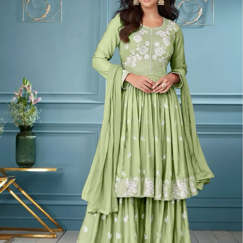 Lime Green Size 44 Rayon fabric Sharara Suit with Lucknowi Embroidered set with Floral Patterns and Matching Shawl Elegant