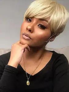 613 Blonde Color Straight Human Hair Wig for Women Pixie Cut Wig Halloween Wig Full Machine Made Wig 150% Density 6 Inch