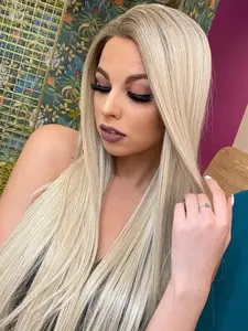 Luxurious Straight Hair Synthetic Wig, 13x4 Transparent Lace Front, 28 Inch Dark Roots, Pre-Bleached Hairline, Women's Style, Natural Hairline Wig, Realistic Wig, Flattering Wig, Synthetic Fiber Wig