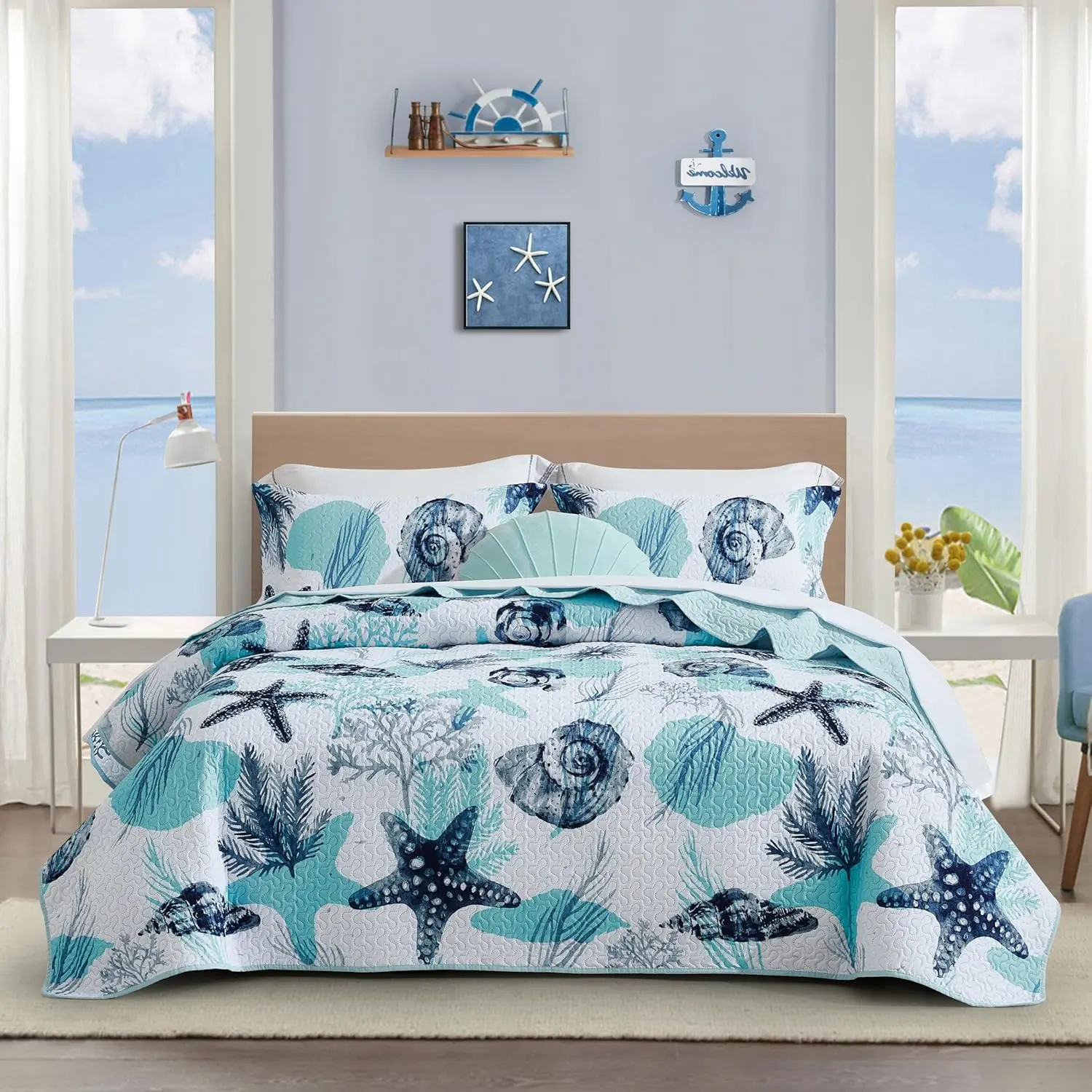 3 count Coastal Full/ Quilt Sets Nautical Reversible Lightweight Bedspread Coverlet with 2 Shams Blue Starfish Conch Beach Microfiber Bedding Quilt Set for All Season, 90''x96''