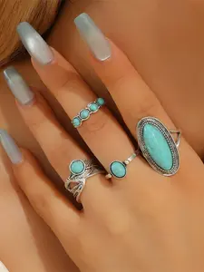 4pcs Vintage Boho Turquoise Ring Set, Large Turquoise Rings, Retro Style Jewelry, Perfect for Women, Unique Gift Idea