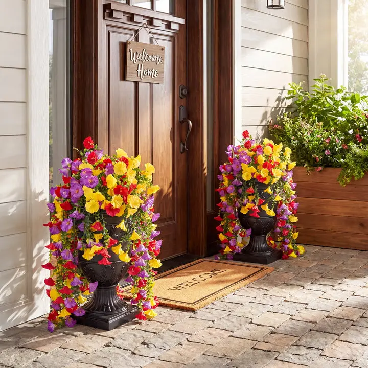 DR.Planzen Artificial Hanging Flowers in Black Urn Planter, 2 Pack 26in Faux Morning Glory Flowers, Fake Hanging Plants, Artificial Flowers, Hanging Flowers with 333 Blooms - Front Porch Patio Decor