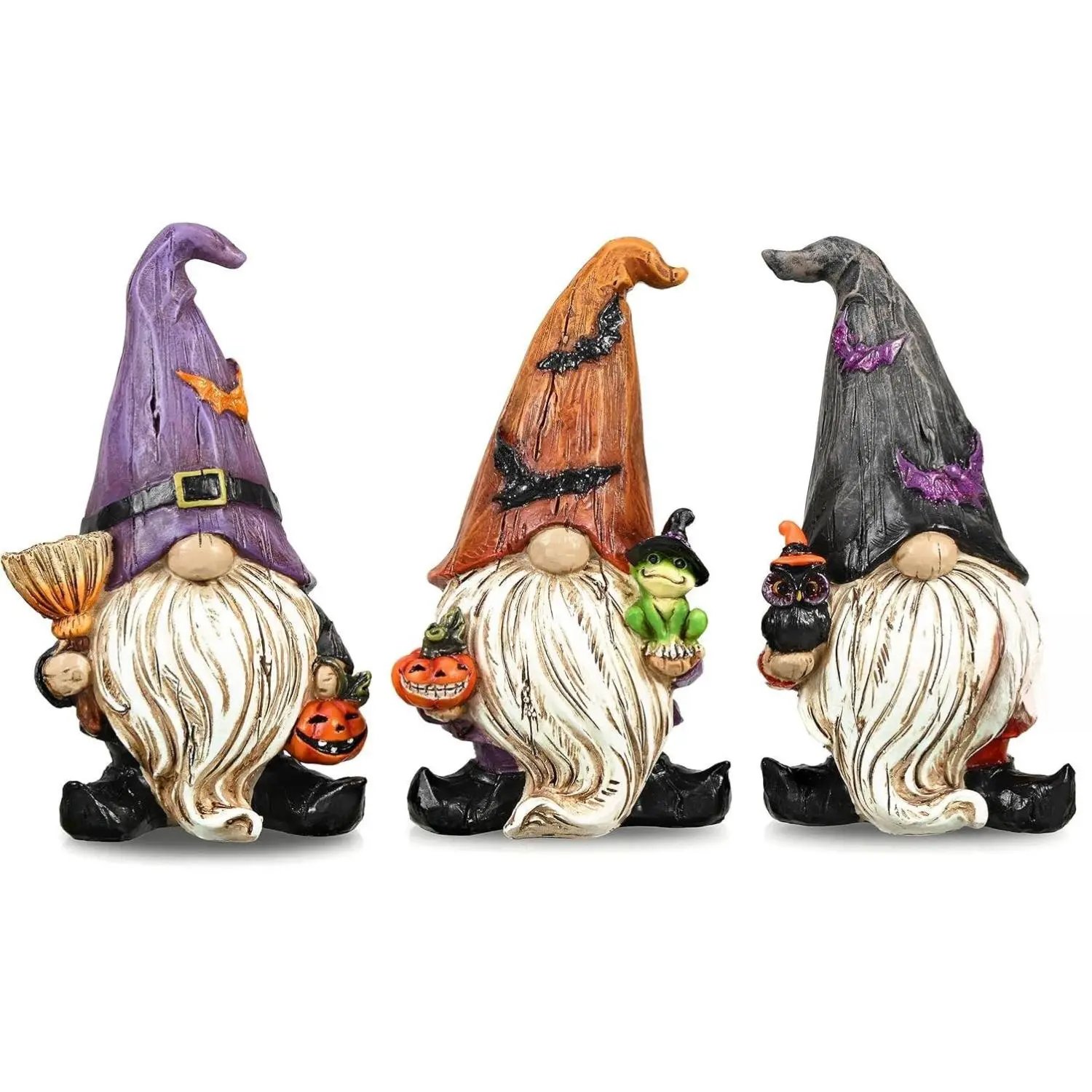 3 Pcs Halloween Gnome Decorations Indoor – Resin Gnomes with Bat Witch Hat, Broom & Jack-O-Lantern for Home Table or Tiered Tray