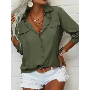 Women’s Solid Color Lapel Long Sleeve Button-Up Shirt Top, Casual Basic Office Blouse