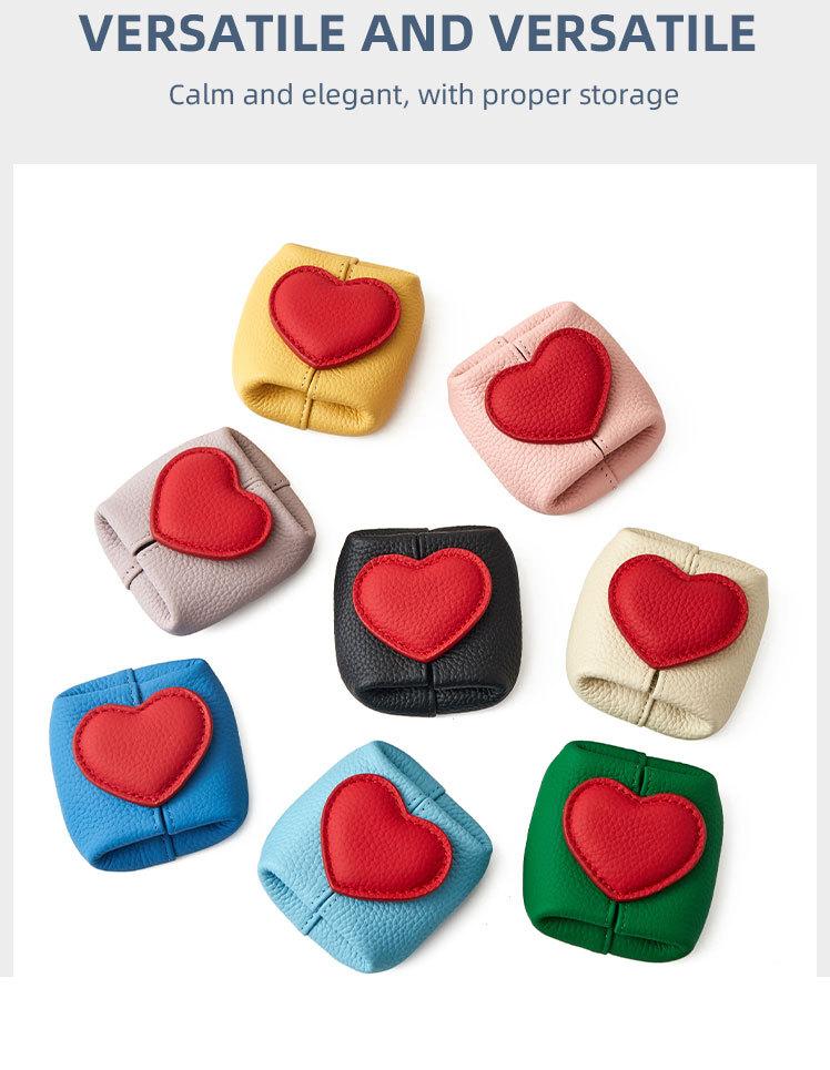 Mini Lychee Pattern Cowhide Heart Coin Purse, Solid Color Buckle Key & Earphone Storage Bag, Color-Block Leather Change & Jewelry Pouch for Daily Use