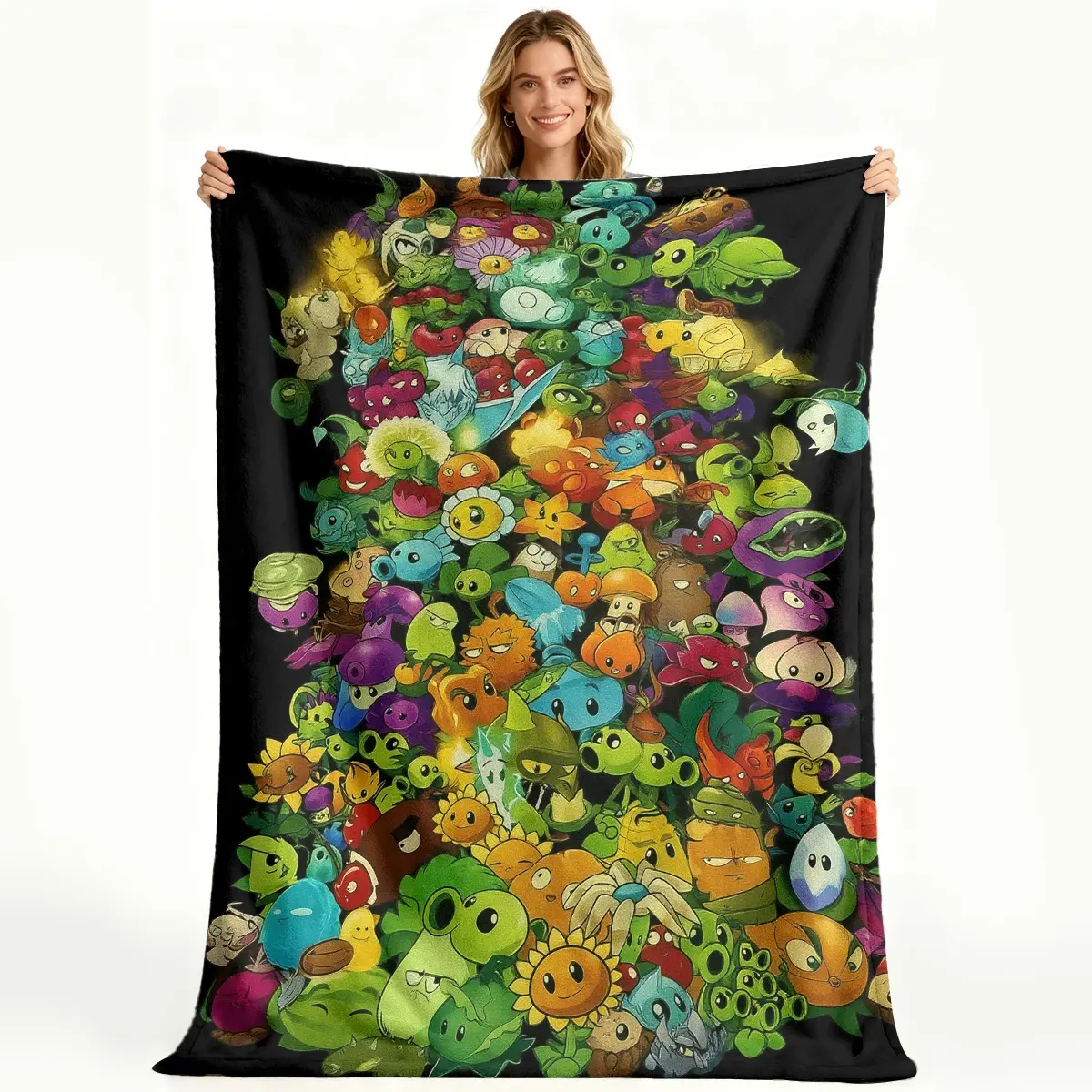Zombie Garden Double-Sided Soft Blanket |   Black and green retro video game style zombie and vegetable print, comfortable polyester fleece all-season bedspread, suitable for sofa, bed, room decoration, machine washable