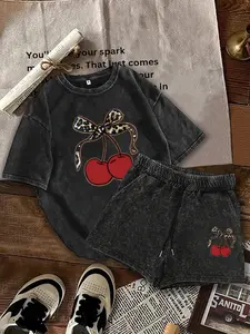 Two-Piece Set Women's Cherry & Letter Print Short Sleeve Tee & Shorts, Casual Round Neck T-shirt & Skinny Shorts, Summer Clothes for Daily Wear, Suits, Casual Fashion Set, Casual Matching Set