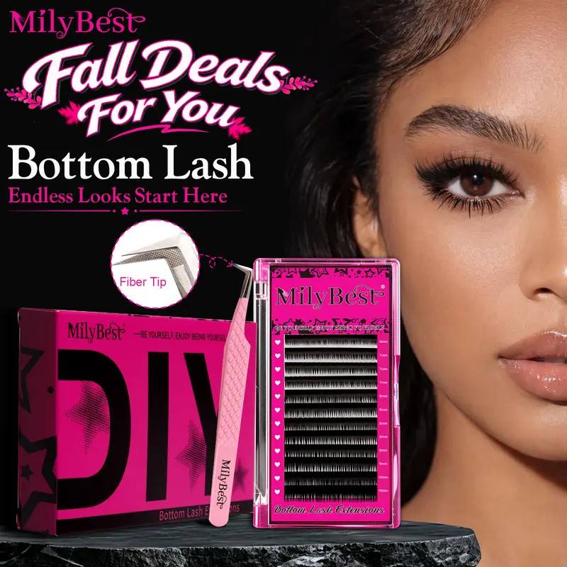 MilyBest Bottom Eyelash Extensions Kit with Lash Cluster, 6-10mm Mix Length, Ultra-Matte Black Natural J-Curl, Wispy Spiky Varied Thickness Feather-Light Bandless Lashes, Waterproof Longwear Reusable, Pro Fiber-Tip Tweezer, Makeup Products