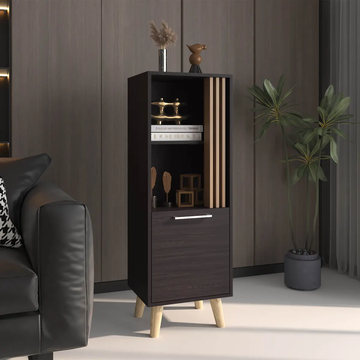 [Fahuac] FSC Certified Eco-Friendly Black & Natural Oak Hinged Wood Cabinet - 1 Door, 2 Shelves, Compact Space-Saving Easy-Install Safe Storage Organizer for Kitchen, Living Room, Wood Cabinets, Compact Space-Saving Cabinets