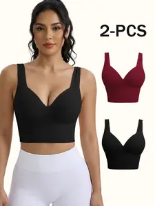 Women's Breathable Workout Ribbed Sports Bralette Set, Sweat Absorbent Shockproof Thickened Fitness Running Support Innerwear, Yoga Sport Vest