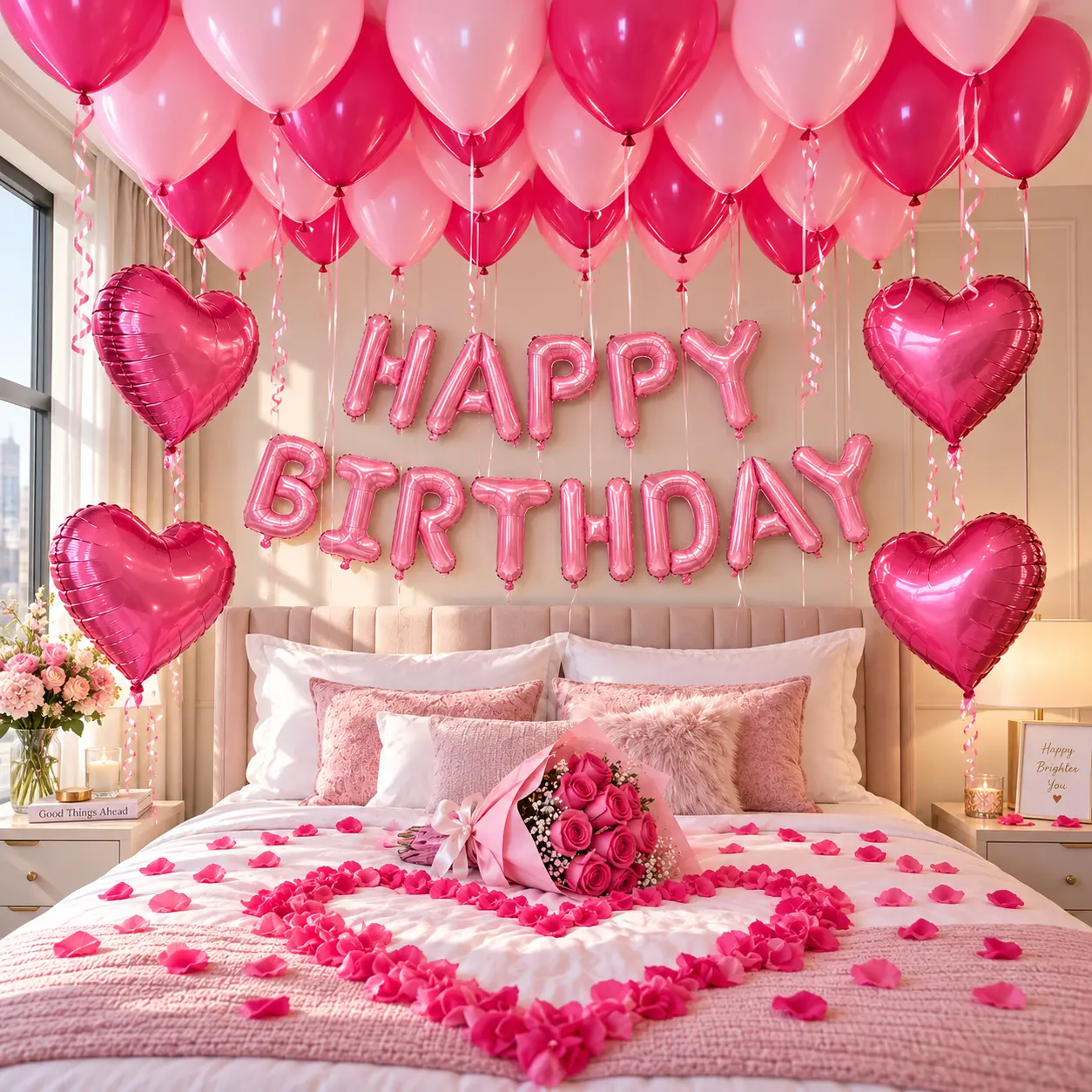 247pcs Pink Happy Birthday Balloon Garland Kit, Letter Banner + Hot Pink Heart Foil Balloons, Rose Petals Set, Romantic Party Decor for Birthday, Wedding, Anniversary, Valentine’s Day, Photo Booth Backdrop Supplies