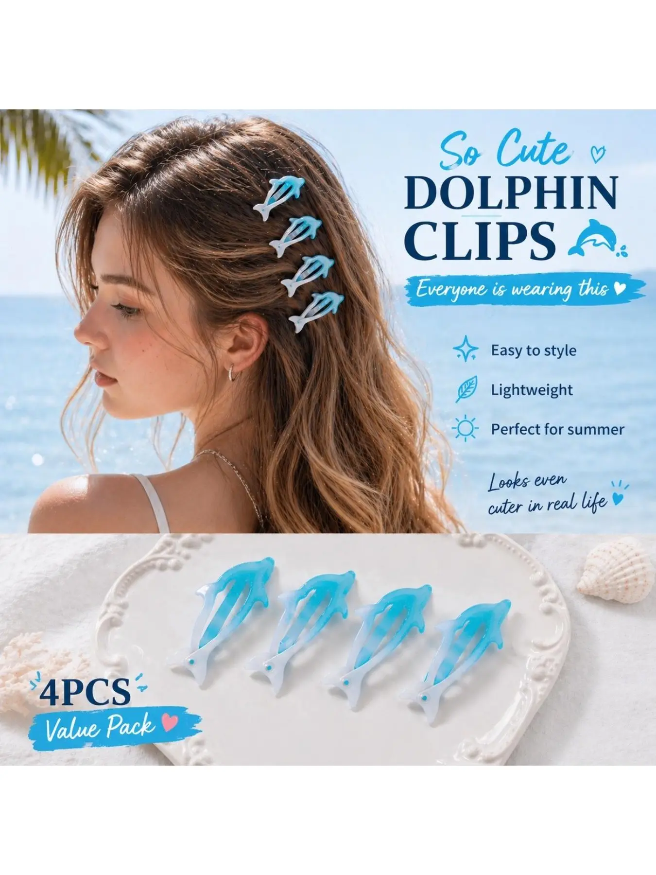 So Cute Dolphin Claw Hair Clips 🐬 Soft Ocean Aesthetic | Super Cute Clips for Hair | 4PCS Value Pack | Summer Hair Accessories Hair Claws Hair Claws Set