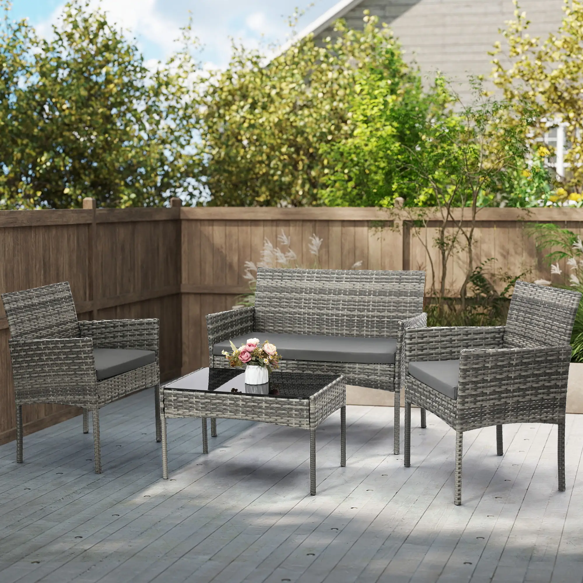 4 Piece Patio Furniture Set, Outdoor PE Rattan Conversation Set with Washable Cushions & Tempered Glass Tabletop, Wicker Chairs and Table Set for Porc