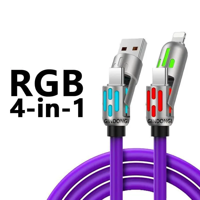 4-in-1 Multi USB Charging Cable with USB A, Type C, Lightning Connectors - Fast Charge, Data Sync, Breathing Light for Mobile Phones, Tablets