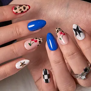 Curvlife medium almond western Nail Art Press On Nails patterns prints pink glossy shiny 2 Week Wear