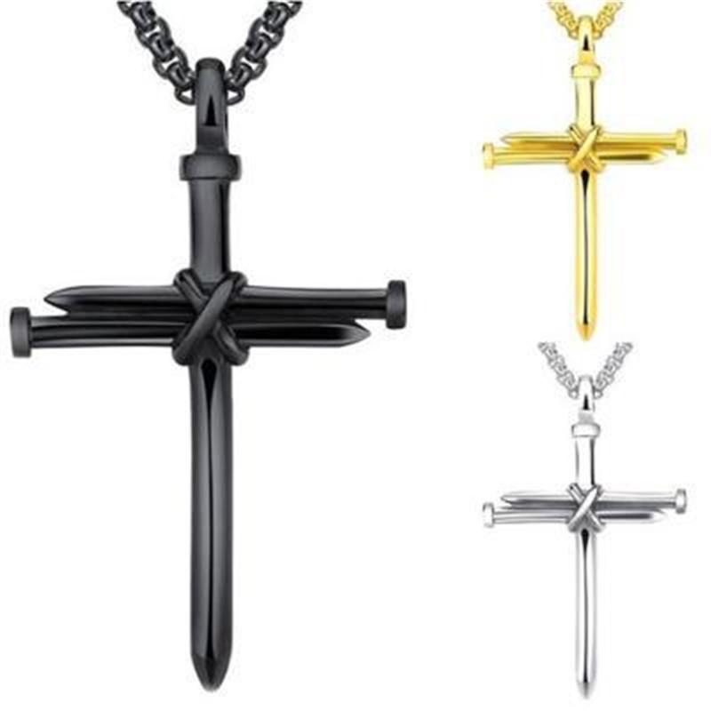 Steel Gold Black Color Fashion Mens Iron Nail Cross Pendant Necklace Stainless Steel 3mm Round Box Chain Jewelry Gift For Men Steel Gold Black Color Fashion Mens Iron Nail Cross Pendant Necklace Stainless Steel 3mm Round Box Chain Jewelry Gift For Men